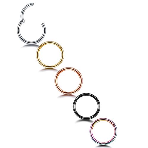Xpircn 16G Stainless Steel Hinge Ring Septum Clicker Nose Ring Daith Piercing for Women Men (Mixed Color, 16g 6mm, 5PCS)