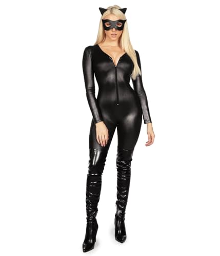 Tipsy Elves Faux Leather Black Halloween Costume Catsuit Bodysuit for Women with Cat Ear Headband Size Medium