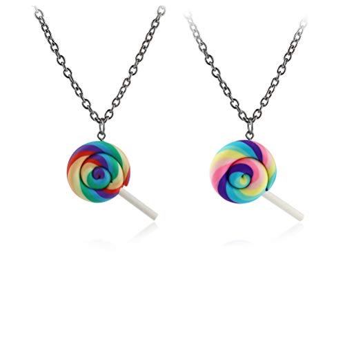 2pcs Cute Colorful Rainbow Lollipop Necklace Adjustable Long Sweater Chain Lovely Swirl Lollipop Candy Pendant Sugar Sweets Jewelry Set for Women Girl Men