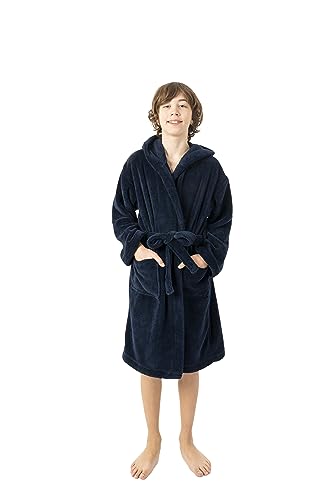 BC BARE COTTON Kids Microfiber Fleece Hooded Robe - Boys - Navy Blue - Large