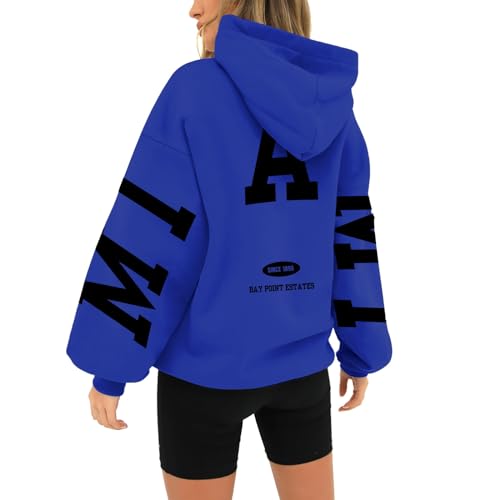 Miami Hoodies for Women Sweatshirt Long Sleeve Hooded Shirt Back Letter Printed Womens Long Sleeve Pullover (Blue, M)
