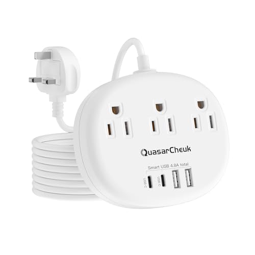 UK Ireland Travel Plug Adapter, US to UK Plug Adapter, Type G Travel Adapter with 3 Outlets 4 USB(2 USB C), 5FT Extension Cord, for US to Scotland London England British Irish Dubai Kenya Hong Kong