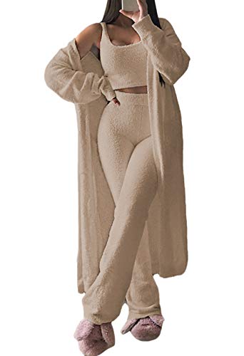 Fixmatti Womens Fuzzy Fleece 3 Piece Pajama Set Tank Crop Tops Pants Open Front Cardigan Lounge Outfit Camel M