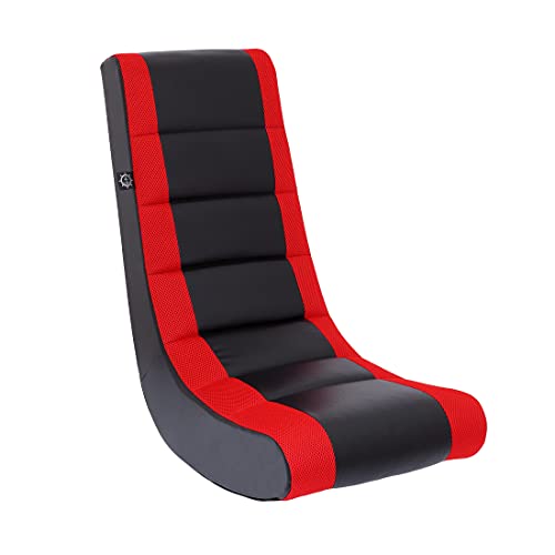The Crew Furniture Classic Video Rocker Floor Gaming Chair, Kids and Teens, Racing Stripe PU Faux Leather & Polyester Mesh, Black/Red