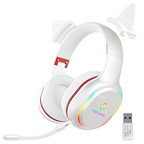 FEDIKER Wireless Gaming Headset for PS5 PS4 PC W3 USB Dongle Low Latency Bluetooth, Headphones with Detachable Mic, Mute Function, RGB, Immersive 4D, Cute White Cat Ear Headset for Girls