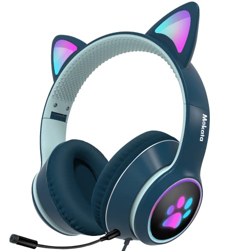 Mokata Gaming Headphone Wired USB Connect 7.1 Surround Stereo Over Ear Cat LED Light Fit Adult & Kid Foldable Headset with Mic for PC Game Laptop Pad H03 Navy Blue