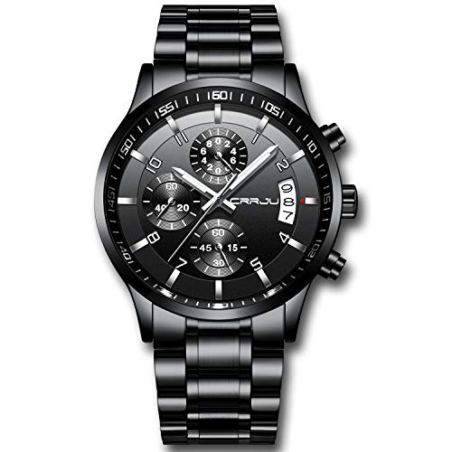 CRRJU Men's Black Watch Fashion Business Chronograph Quartz Wristwatches,Luxury Stainsteel Steel Band Waterproof Watch for Men