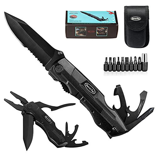 RoverTac Pocket Knife Tactical Folding Knife Multi Tool Survival Camping Knife, Multitool Knife Pliers Bottle & Can Opener 9-Pack Screwdrivers Liner Lock Nylon Sheath, Pocket Knife for Camping Hiking