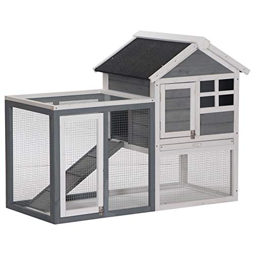 PawHut 48' Wooden Rabbit Hutch Bunny Cage with Waterproof Asphalt Roof, Fun Outdoor Run, Removable Tray and Ramp, Grey