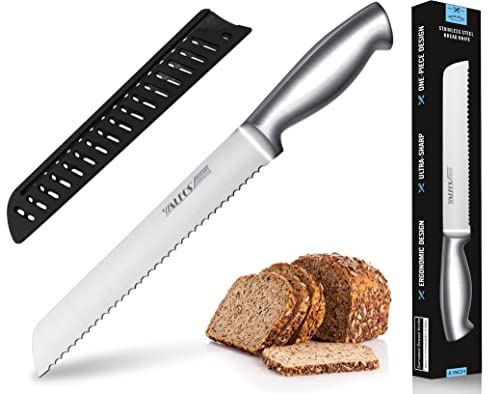 WALFOS Bread Knife with Sheath, Serrated Bread Knife with Upgraded Stainless Steel, Ultra-Sharp, 8-Inch Blade, Bread Slice Knife for Slicing Homemade Bread, Bagels, Cake