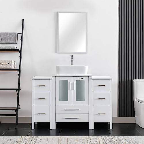 eclife 48' Bathroom Vanity Sink Combo W/White Side Cabinet Modern Stand Pedestal Rectangle White Ceramic Vessel Sink, Chrome Bathroom Solid Brass Faucet, Pop Up Drain, W/Mirror (48-T03 B02W)