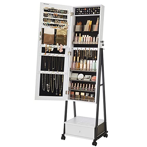 SONGMICS Jewelry Cabinet Floor Standing, Lockable Jewelry Organizer with High Full-Length Mirror, Bottom Drawer, Shelf, Wheels, Jewelry Armoire, Gift Idea, Christmas Gifts, Distressed White and Black