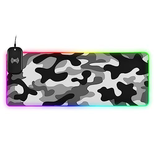 Black White Camouflage Wireless Charging Mouse Pad for Mobile Phone Extra Large Gaming Mousepad with 13 Lighting Modes Extended Desk Mat for MacBook PC Laptop Desk Office Home Gaming