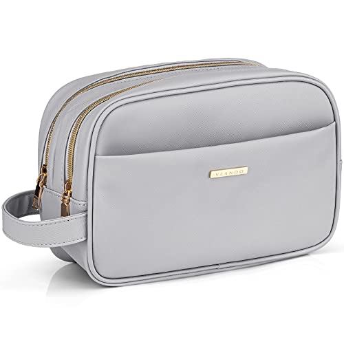 Vlando Travel Makeup Bag,Large Capacity Toiletry Bag for Women,Faux Leather Make up Case Storage,Toothbrush, Ointment, Face Wash, Lipstick, Cosmetic Brush, and Toiletries Storage Bag Gray