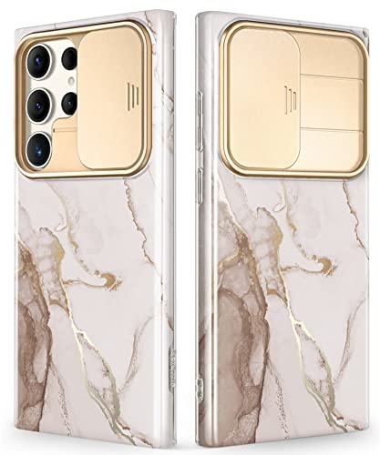 GVIEWIN for Samsung Galaxy S23 Ultra Case with Slide Camera Cover, [Military Grade Drop Protection] Slim Marble Design Best Shockproof Protective Phone Case Fit S23 Ultra 5G 6.8' (Shweta/Beige)