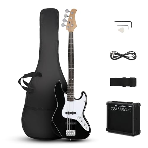 Ktaxon Jazz Bass Guitar with 20Watt Amplifier, 4 String Right Handed Electric Bass Kit for Beginner & Professionals W/a Bag, Shoulder Strap, Guitar Pick, Wrench Tool - Black