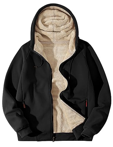 Flygo Hoodies for Men Zip Up Winter Fleece Sherpa Lined Sweatshirt Warm Jacket(Black-M)