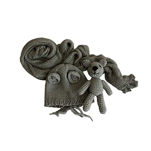 Newborn Photography Props with Baby Wrap - Long Ripple Stretch Wrap with Crochet Beanie Hat and Knitted Teddy Bear - Complete 3 Piece Outfit Set to Swaddle Infant for Boys or Girls Photoshoot Session