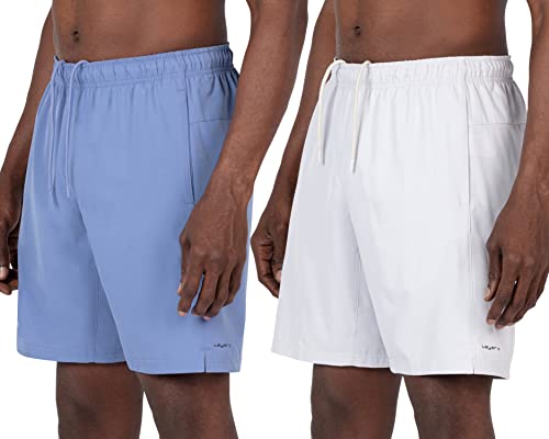 Layer 8 Mens Shorts Two Pack All Purpose 7 and 9 Inch Woven Stretch Athletic Training Shorts with Pockets and Zip Pocket (Haze/Skylight 7 Inch, Small)