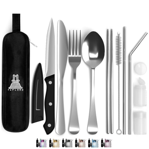 Taplord Portable Travel Silverware Set With Case, Includes 10 Pcs of Travel Utensils With Case, Stainless Steel Flatware Set For Camping, Easy to Travel, Lightweight (Silver)