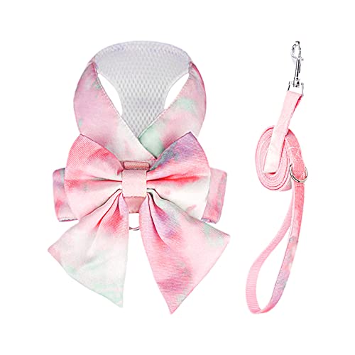 PETCARE Cute Bow Tie Dog Harness and Leash Set Elegant Rainbow Gradient Puppy Harness No Pull Soft Mesh Pet Cat Dog Vest Harnesses for Small Dogs Cats, Pink