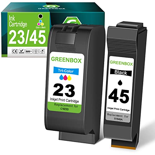 GREENBOX Remanufactured Ink Cartridge 45 23 High Yield Replacement for HP 45 51645 51645A 23 C1823D for Color Copier 110 120 140 145 150 155 160, DeskJet 1000C 1000Cse Printer (1 Black 1 Tri-Color)