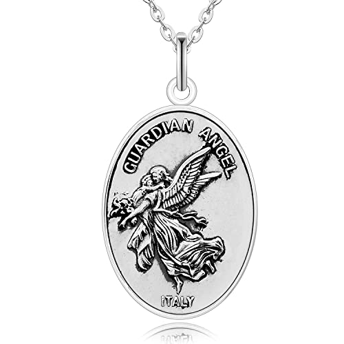 VENICEBEE Guardian Angel Protect Me Medal Protection Charm Beautiful Solid 925 Sterling Silver Pendant Necklace Made in Italy + Velvet Pouch, Polishing Cloth, Fine Gift Box