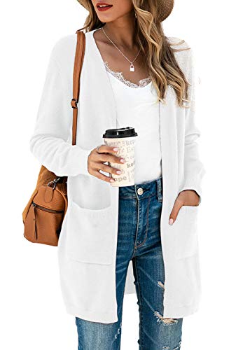 TASAMO Women's Long Sleeve Soft Sweater Open Front Cardigan Outwear with Pockets (Medium,White)