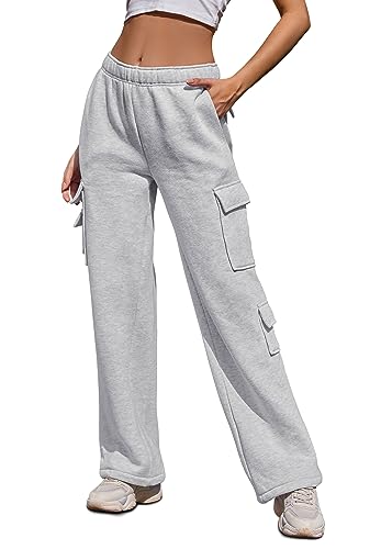YYIDATON Women Fleece Cargo Sweatpants High Waisted Casual Baggy Joggers Pants(Light Grey, Medium)