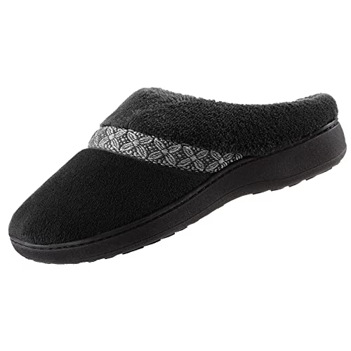isotoner womens Classic Hoodback W Memory Foam Slipper, Black With White Flower Trim, 8.5-9 US