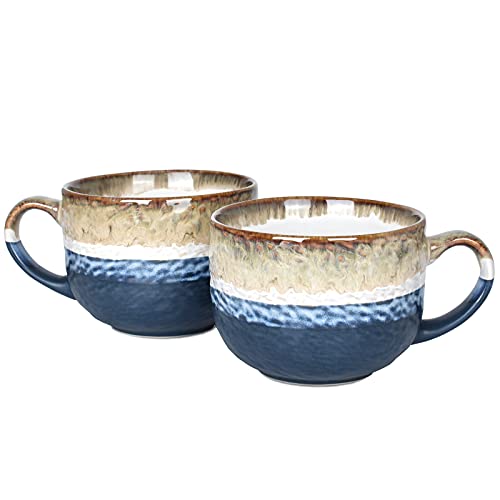 Bosmarlin Jumbo Latte Mugs Set of 2, 16 Oz, Large Stoneware Mug for Coffee, Soup, Cappuccino, Hot Chocolate, Dishwasher and Microwave Safe (Deep Blue, 2)