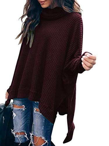 Caracilia Women's Sweater 2023 Oversized Turtle Cowl Neck Long Batwing Sleeve Waffle Knit Casual Loose Split Hem Tunic Fall Pullover Tops C8A3-zaohong-XL Deep Wine