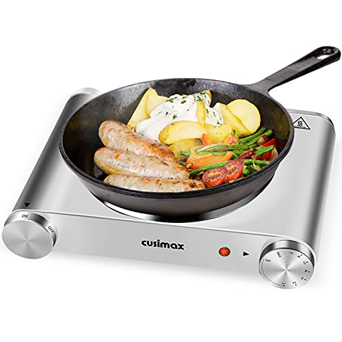 Cusimax Hot Plate Electric Burner Single Burner Cast Iron hot plates for cooking Portable Burner with Adjustable Temperature Control Stainless Steel Non-Slip Rubber Feet, Upgraded Version (Cast Iron, Silver Single Burner)
