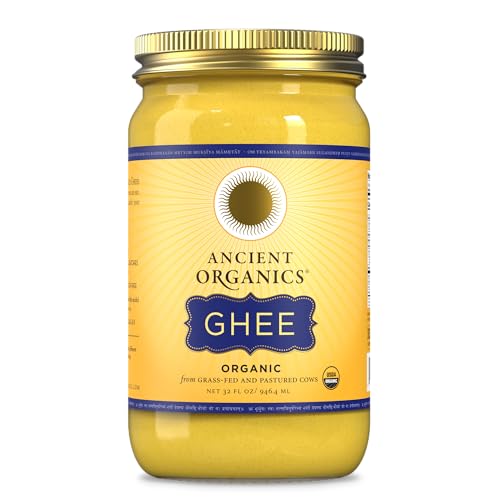 Ancient Organics Ghee, Organic Grass Fed Gluten Free Clarified Ghee Butter with Vitamins & Omegas, Lactose Reduced, 100% Certified Organic, Kosher, USDA Certified, Made in USA – 32 Fl Oz (Pack of 1)