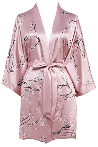 BABEYOND Short Kimono Bath Robe Blouse Kimono Cover Up Loose Cardigan Sleepwear Wedding Robe (Plum Blossom-Pink)