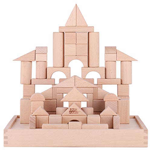 iPlay, iLearn Kid Wooden Building Block Set, Toddler Natural Wood Block Montessori Learning Toy, Large Hardwood Stacking Brick Castle Unit, Preschool Classroom Gift 2 3 4 5 6 8 Year Old Boy Girl Child