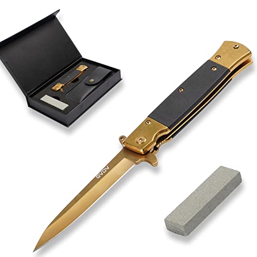 GVDV Folding Pocket Knife with G10 Handle, 7Cr17 Stainless Steel EDC Knife with Safety Liner-Lock, Camping Hunting Fishing Knife for Men Women, Gold