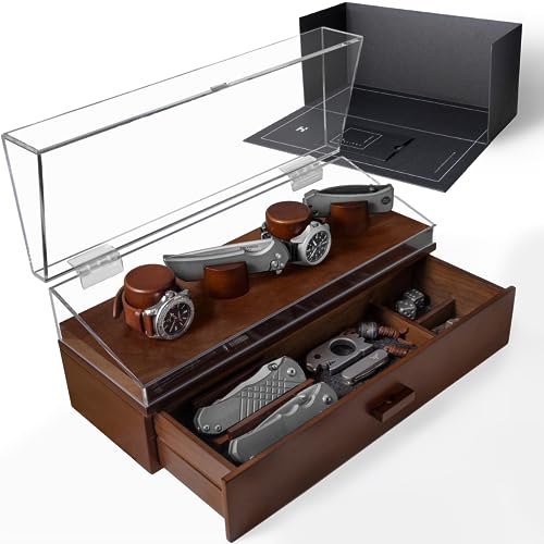 Watch & Pocket Knife Display Case – Switch Up Your Display with the Modular Pillars – Knife Case for Men with Hinged Acrylic Cover and Felt Lined Drawer – The Combo Deck – Lifetime Assurance Included