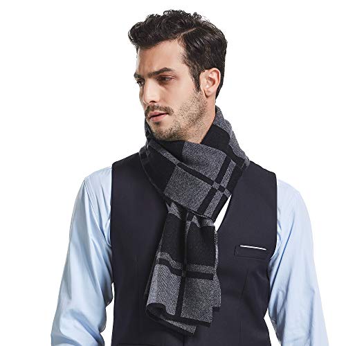 RIONA Men's 100% Australian Soft Merino Wool Knitted Plaid Warm Scarf with Gift Box(Black Grey)