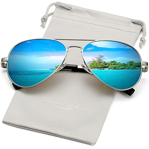 AIEYEZO Classic Aviator Polarized Sunglasses for Men Women Spring Hinge Metal Frame UV400 Protection (Silver/Ice Blue Mirror)