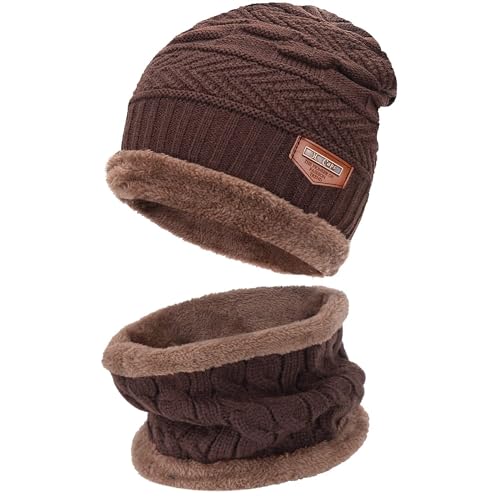 FZ FANTASTIC ZONE Mens Womens Winter Beanie Hat Scarf Set Warm Knit Thick Fleece Lined Skull Cap Neck Warmer for Men Women