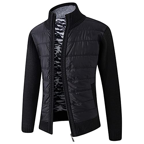 Mens Slim Fit Cable Knit Sweater Cardigans Full-Zip Long Sleeve Lapel Coat with Pockets Fleece Lined Stand Collar Coat(Black,XL)