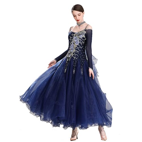 Professional Ballroom Dance Competition Dress Womens National Standard Dress Rhinestones Waltz Performance Costume (Navyblue,X-Large)