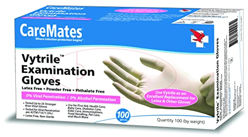 CareMates Vytrile Medical Exam Gloves, Latex Free Rubber, Powder Free, Extra Strong, 4 Mil Thick, Certified for Home Infusion, First Aid, Food Safe, Cleaning Gloves, X-Large, 100-Pack