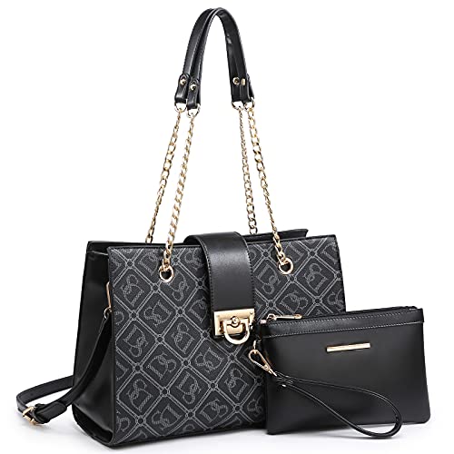 Dasein Women Fashion Tote Bags Handbag Purse Chain Shoulder Bag Top Handle Bag Hobo With Matching Clutch (Monogrammed Black)