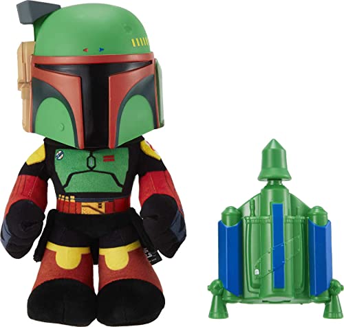 Mattel Star Wars Plush 12-Inch Toy, Boba Fett Rocket Launching Soft Doll, Removable Air-Powered Rocket Launcher with Projectile
