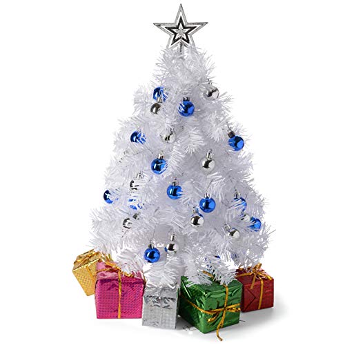 23-Inch Mini White Christmas Tree with Warm-White LED Lights - Small White Christmas Tree with Lights - DIY Tabletop Little Christmas Tree with Star Treetop, Decorated Gift Boxes, & Hanging Ornaments