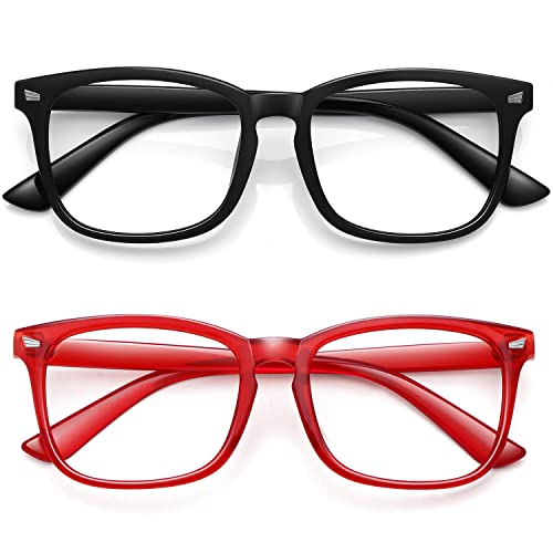 WOWSUN Unisex Stylish Nerd Non-prescription Glasses, Clear Lens Eyeglasses Frames, Fake Glasses (2020-A2 2 Pack/ Glossy Black Frame Clear Lens + Red Frame Clear Lens, 53)