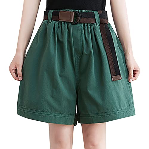SHWING Womens Shorts for Summer Dressy, Biker Shorts Women Linen Shorts Drawstring Comfy Elastic Waist Shorts with Pockets Green
