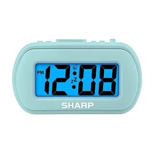 SHARP Digital Alarm Clock – Tactile Case with Soft Rubberized Finish - Battery Operated – Blue Backlight on Demand – Ascending Alarm – Easy to Use - Mint